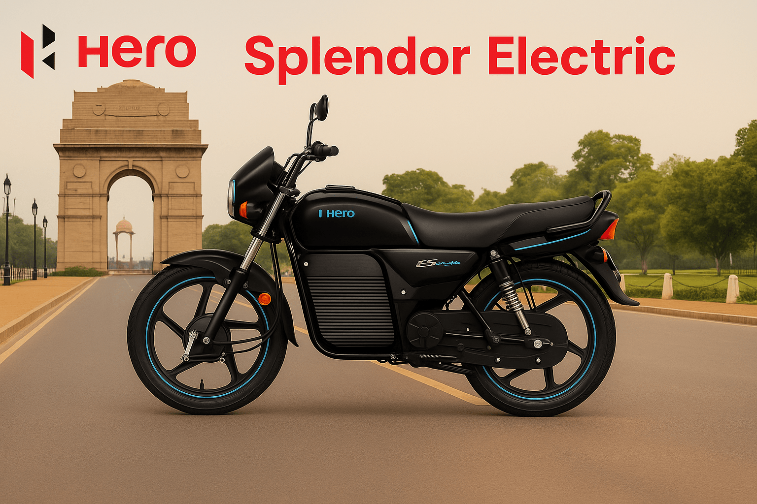 Hero Splendor Electric bike parked near India Gate, New Delhi, with Hero logo and model branding in the background