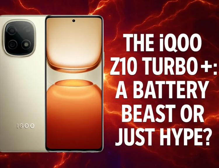 Promotional image of iQOO Z10 Turbo+ with mystical blue background, showcasing futuristic design and 8000mAh battery, emphasizing speed and power.