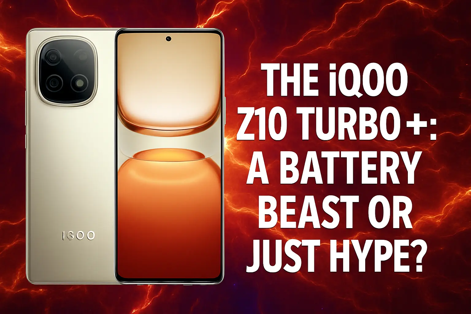 Promotional image of iQOO Z10 Turbo+ with mystical blue background, showcasing futuristic design and 8000mAh battery, emphasizing speed and power.