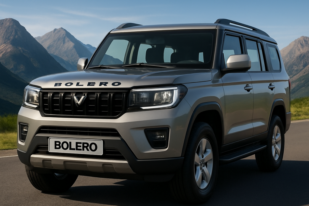 Mahindra Bolero SUV driving on a jungle road with scenic mountain background