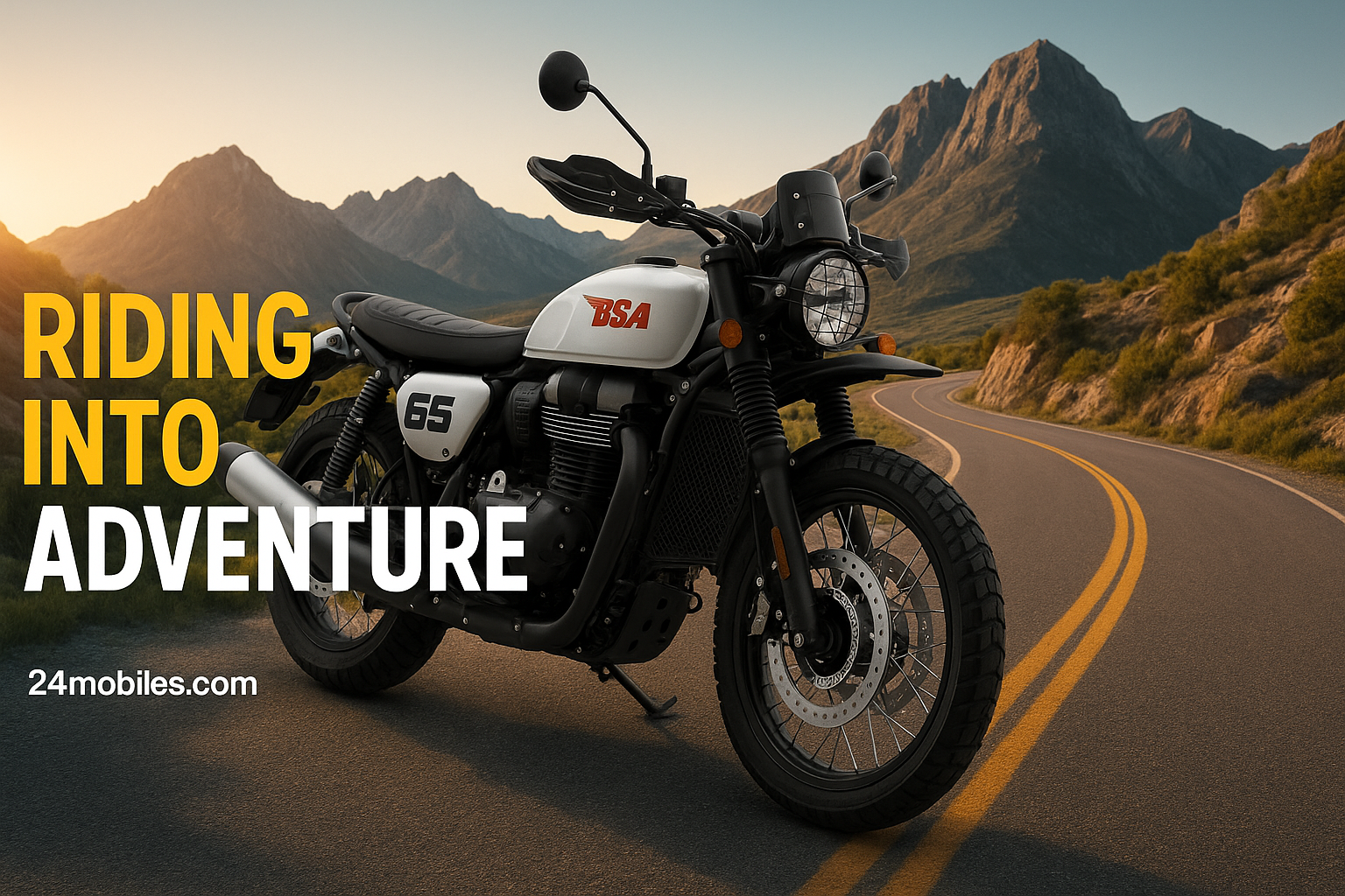 SA Bantam 350 and Scrambler 650 motorcycle on mountain road background
